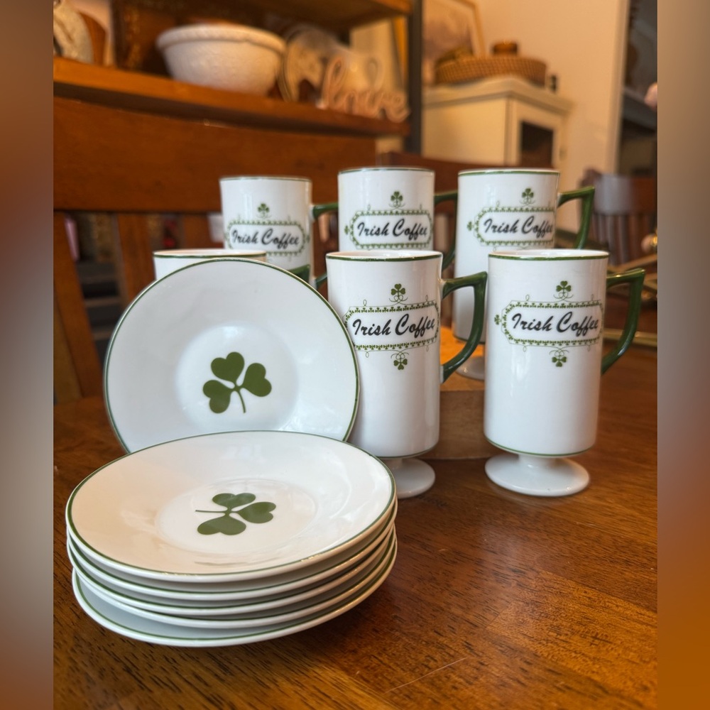 Service for 6 Vintage Irish Coffee Mug and Saucer Set - Green and White